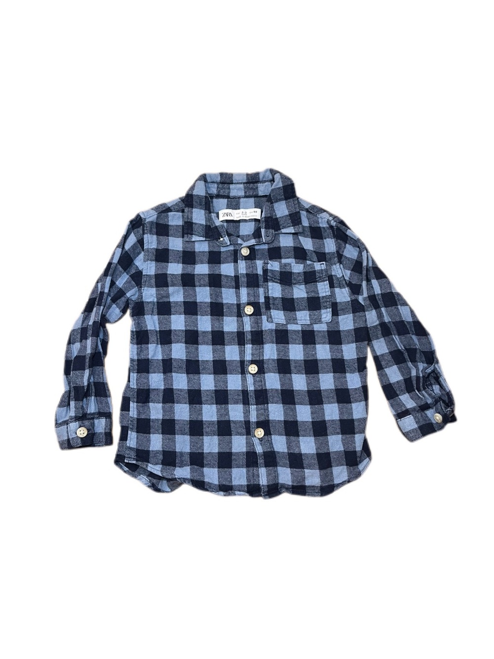Zara 2-3 T Blue and Navy Checked Button Down Flannel Shirt